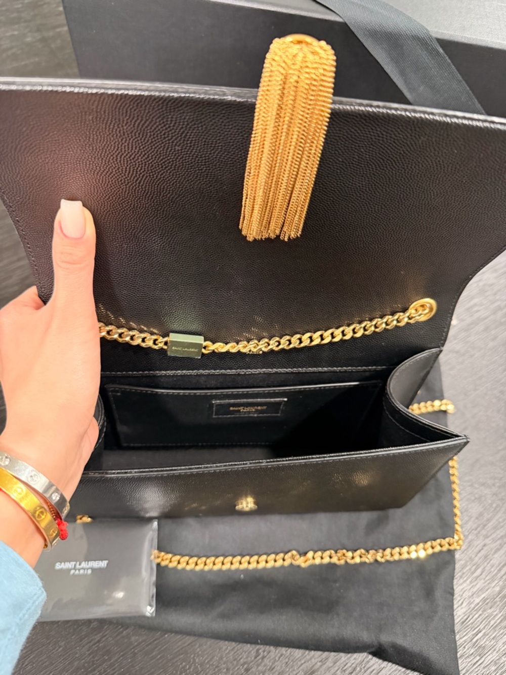 Saint Laurent Black Leather Monogram Crossbody with Gold Tassel Chain - Picture 5 of 8